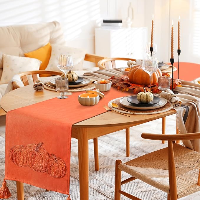 Breling Thanksgiving Pumpkin Table Runner Jacquard Fall Pumpkin Thanksgiving Dinner Table Runner Autumn Harvest Decoration for Kitchen Dining Home Dinner Party 13x72 Inch(Rust)