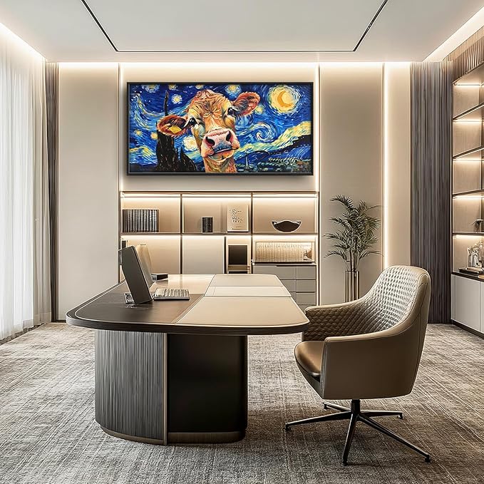 Flintis Large Cow Wall Art Starry Sky Night Cow Pictures Wall Decor Abstract Animal Canvas Painting Print Artworks Decorations Framed for Living Room Bathroom Master Bedroom Office 60L x 30W