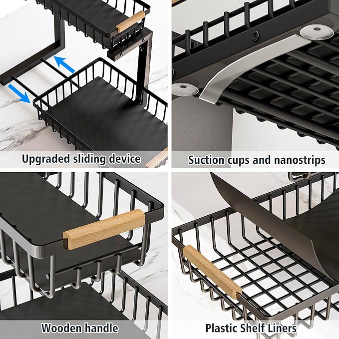 Under Sink Organizers, 2 Tier Pull Out Under Cabinet Organizer，Height Adjustable Pull Out Cabinet Drawers, Metal Sliding Drawer for Kitchen Bathroom Pantry Cabinet Closet Organization Rack，2 Packs