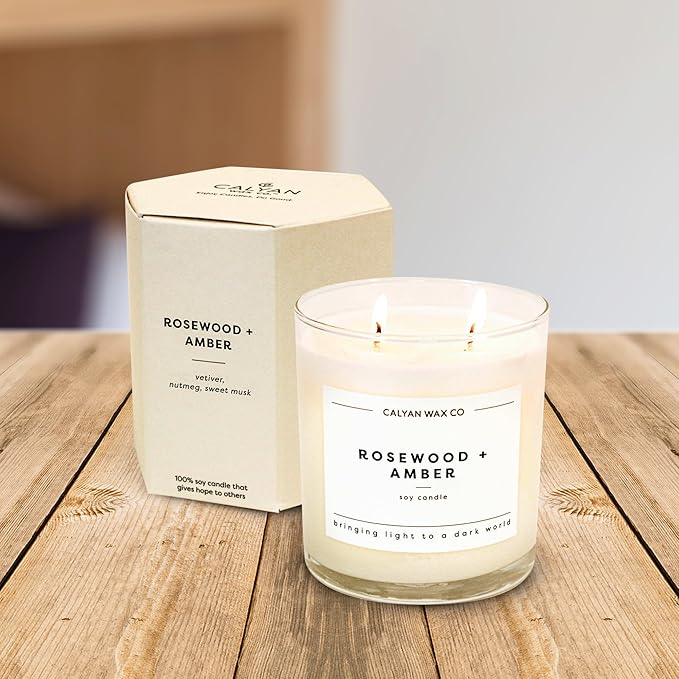 Calyan Wax Co. 2 Wick Candle, Rosewood + Amber Scented Candle, 37 Hour Burn Time, Aromatherapy Soy Candles, Non Toxic & Vegan Soy Wax, Glass Tumbler Scented Candles, 12.5oz