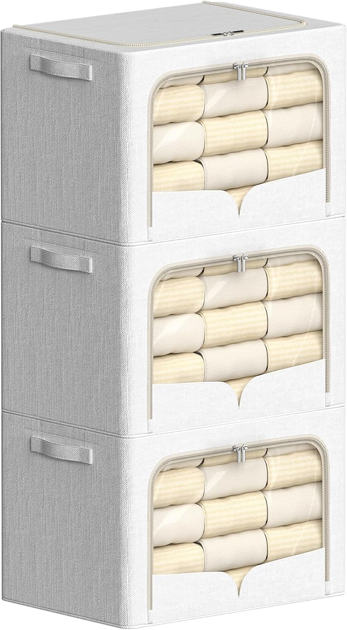 3 Pack Clothes Storage Bins Foldable Metal Frame Storage Box Stackable Linen Fabric Container Organizer Set with Carrying Handles and Clear Window (Cream White, 23.6x16.5x15.7inch(100L))