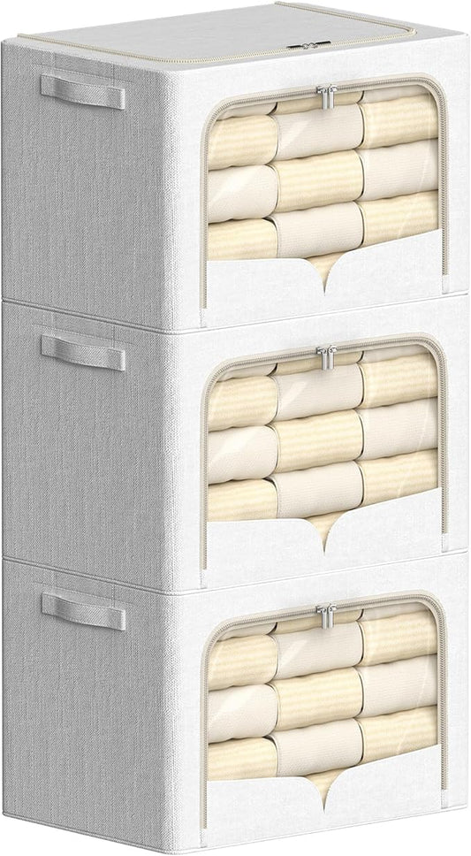 3 Pack Clothes Storage Bins Foldable Metal Frame Storage Box Stackable Linen Fabric Container Organizer Set with Carrying Handles and Clear Window (Cream White, 23.6x16.5x15.7inch(100L))
