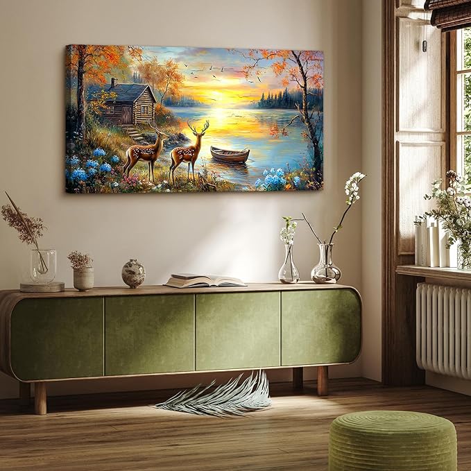 crmotu Rustic Deer Landscape Wall Art, Lake Cottage Pastoral Large Artwork, Nature Autumn Scenery Canvas Prints, Rural Sunset Wall Pictures for Living Room Bedroom Farmhouse Bathroom Decor 24X48 In
