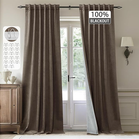 StangH Taupe Velvet Curtains 96 inches Long Total Blackout Liner Heavy Thick Panels Hook Belt Back Tab Thermal Insulated Drapes for Living Room Sliding Door, W52 x L96, 2 Panels