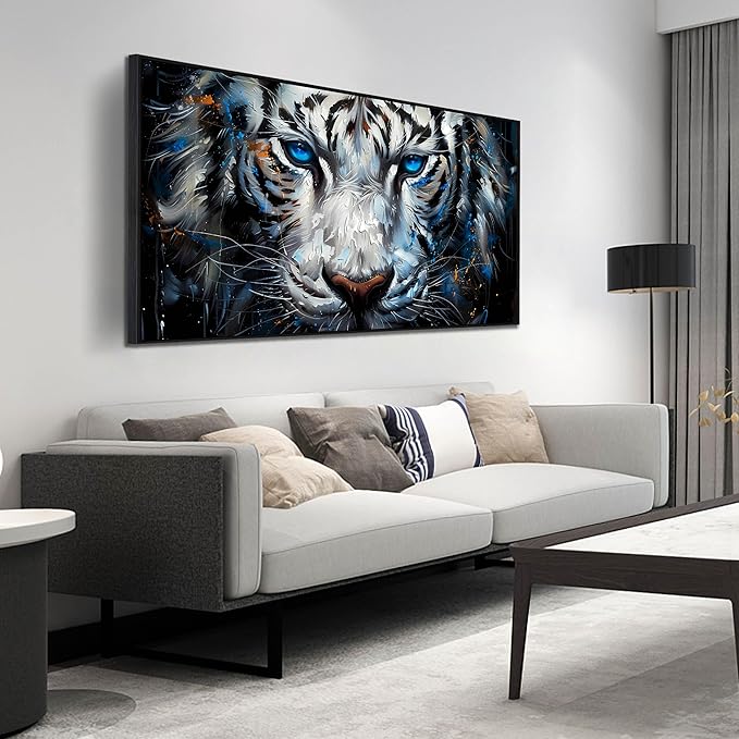 ZHAOSHOP White Tiger Art Wall Decor for Living Room - Black and White Office Decor for Men - Black Framed Canvas Wall Art Size 29" x 59"