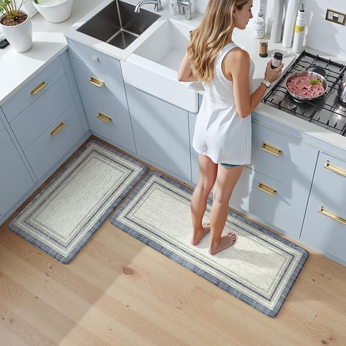 KIMODE Anti Fatigue Kitchen Mat 2PCS,Non-Skid Waterproof Kitchen Rugs,Farmhouse Kitchen Mat for Floor,Cushioned Comfort Foam Standing Mat for Laundry,Office,Sink,Desk,Blue and Gray