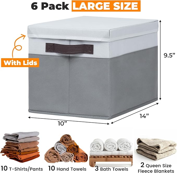 Criusia 6 Set Clothes Storage Bins with Lids - Stackable Fabric Closet Organizers and Storage Baskets for Shelves -Odorless Large Enough for Clothes Blanket Toy Storage -Dorm Room Apartment Essentials