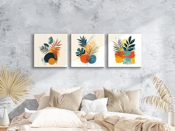 NAN Wind 3Pcs Modern Abstract Botanical Canvas Wall Art Colorful Leaf Prints Contemporary Floral Art for Living Room Minimalist Plant Decor Geometric Canvas Set Ready to Hang for Home Decor