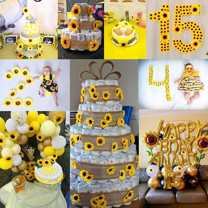 UKELER 122pcs Artificial Sunflower Heads 5.1'' 3.5'' 1.5'' Yellow Sunflower Artificial Flowers for Home Decoration Wedding Decor Birthday Party Decor Garden Craft Art Decor