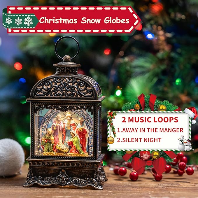Christmas Snow Globes, Manger Snowflake Ball Adoration of The Magi Nativity Scene, Silent Night Music Water Lantern, Holiday Decorations Gifts for Family, Children or Friends