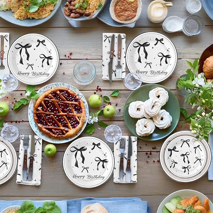180Pcs Black Bow Birthday Party Supplies Paper Plates and Napkins Serve 60 Disposable Tableware Set for Birthday Party Decorations Game Day Family School Holiday Sports Events