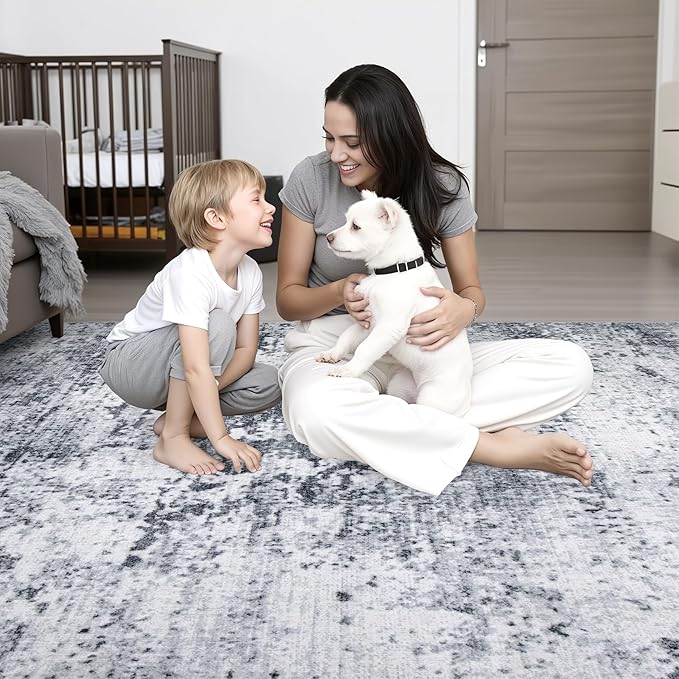 6x9 Area Rug Living Room Rug: Washable Modern Abstract Soft Thin Rug Indoor Floor No Slip Stain Resistant Carpet for Bedroom Dining Room Farmhouse Nursery Home Office - Grey