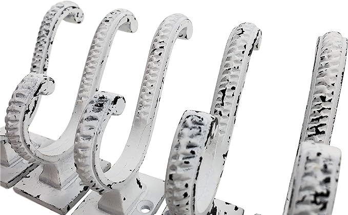 Claimed Corner Iron Scroll Coat Hooks - Wall Mounted Rustic Farmhouse Cast Iron DIY Coat Towel Hat Scarf Bag Hook - 5 Pack (Antique White)