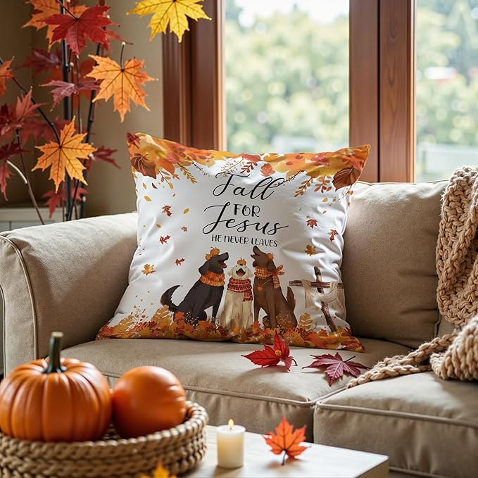 Christian Fall Dog Pillow Covers 18x18, Farmhouse Autumn Decor, Fall for Jesus He Never Leaves Pumpkin Autumn Maple Leaves Funny Puppy Decorative Throw Pillow Covers for Home Bedroom Living Room