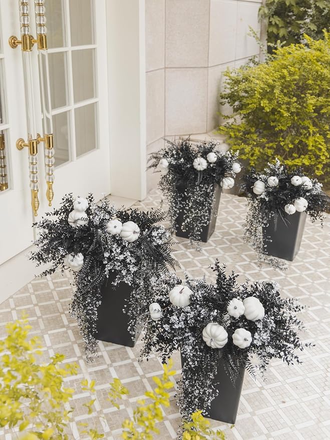 12Pcs Outdoor Artificial Boxwood UV Resistant Fake Stems Plants, Black Artificial Flowers Faux Flowers for Autumn Home Kitchen Wedding Table Centerpiece Halloween Thanksgiving Decorations