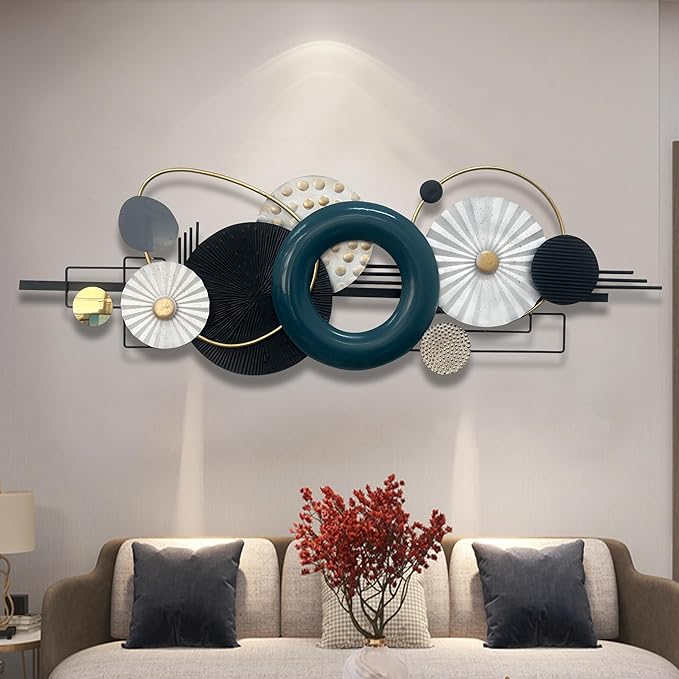 Modern Abstract Metal Wall Art, Large 59x 21 Inches Wall Sculptures, Geometric Circles Design Wall Decor, Blue Black White, Wall Decors for Living Room Bathroom Bedroom Dining Room