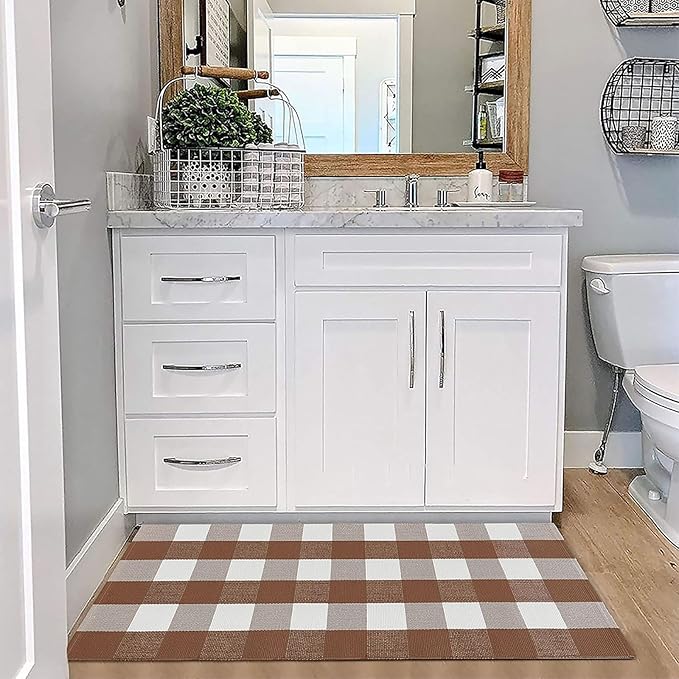 KOZYFLY Buffalo Plaid Area Rugs 2x4.3 Ft Coffee and White Checkered Rug Washable Front Door Mat Hand Woven Cotton Outdoor Rug Small Rug for Front Porch Kitchen Entryway Patio Bathroom