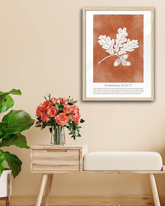 EcoHest Vintage Christian Fall Framed Wall Art, Large 16x20 in OAK Wood Burnt Orange Bible Verse Canvas Wall Art,Botanical Scripture Colossians Faith Home Decor, Set of 1 for Bedroom Living Room