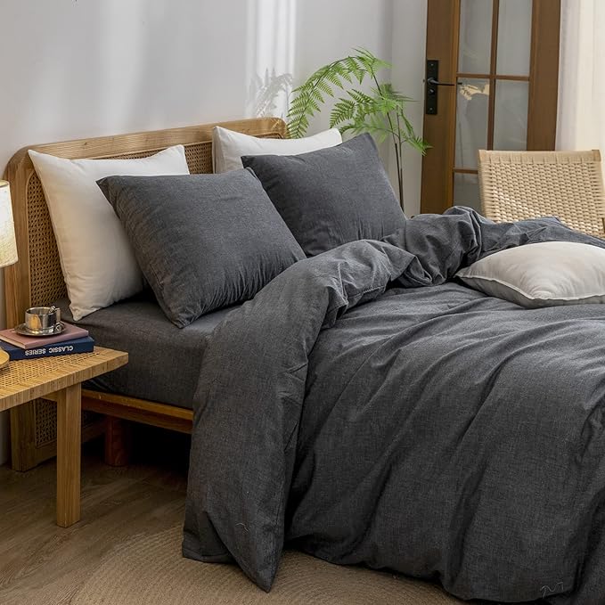 BESTOUCH Duvet Cover Set 100% Washed Cotton Linen Feel Super Soft Comfortable Chic Lightweight 2 PCs Home Bedding Set Solid Dark Black Twin/Twin XL