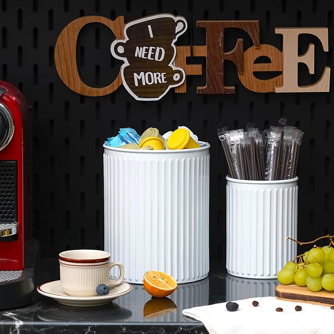 2 Pack Metal Utensil Holder for Kitchen Counter, 7.3"+5.4" Large Cooking Utensil Organizer Vertical Stripe Pattern Embossed Utensil Caddy for Party Cutlery Tool Holder Storage, White