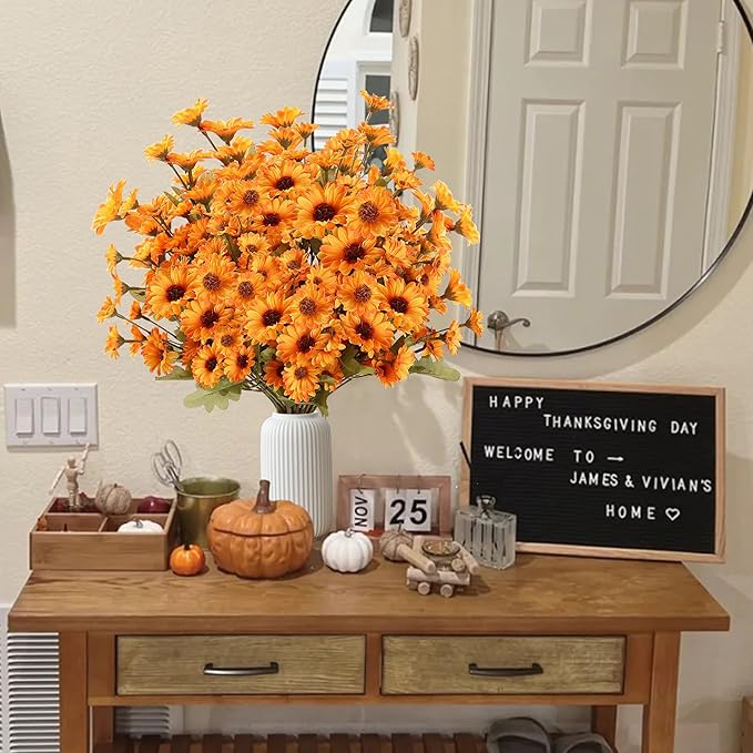 Sggvecsy 8 Bundles Artificial Fall Flowers Faux Mums Fake Silk Orange Daisy Bulk UV Resistant Plants Floral Arrangement for Indoor Outdoors Garden Home Wedding Thanksgiving Autumn Decor