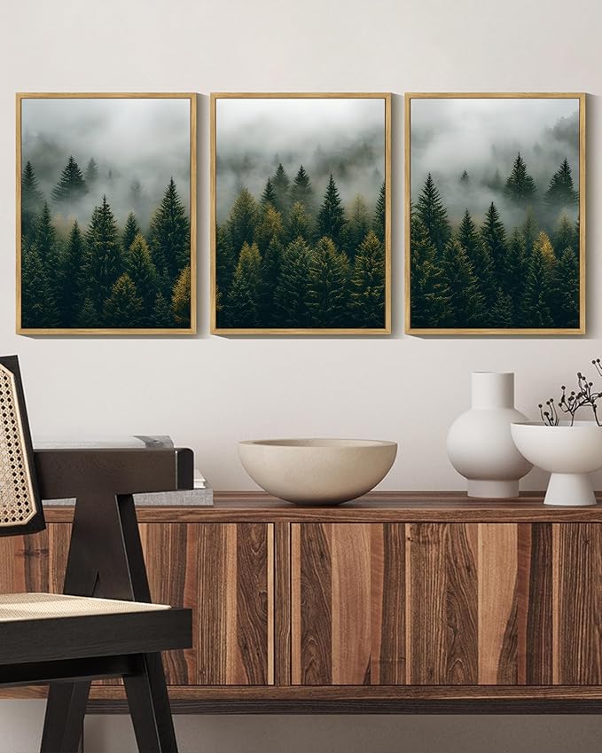 KUVIOKE Green Fog Pine Tree Landscape Framed Wall Art Nature Nordic Misty Forests Prints Morden Farmhouse Bedroom Living Room Ready to Hang 12x16in (Natural Framed)