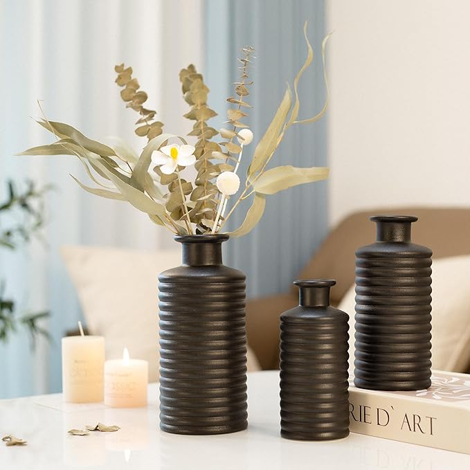Black Ceramic Vases for Home Decor, Modern Farmhouse Frosted Semi Matte Textured Decorative Vase Set, Unique Vase for Entryway, Coffee Table, Shelf, Small Pampas Grass and Flowers