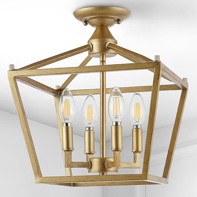JONATHAN Y JYL7610B Plains Mini Lantern 12" 4-Light Iron Modern Farmhouse LED Flush Mount, Rustic, Industrial, Dimmable, 2700K Cozy Warm Light Kitchen, Hallway, Bathroom, Stairwell, Brass Gold