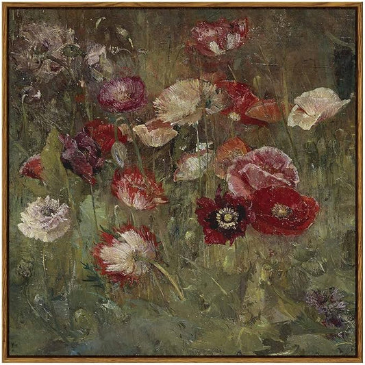 InSimSea Square Framed Canvas Wall Art, Large Decor A Bed of Poppies Paintings, Classical Floral Wall Pictures for Bedroom Bathroom Living Room, Canvas Prints Vintage Home Decor 24"x24"