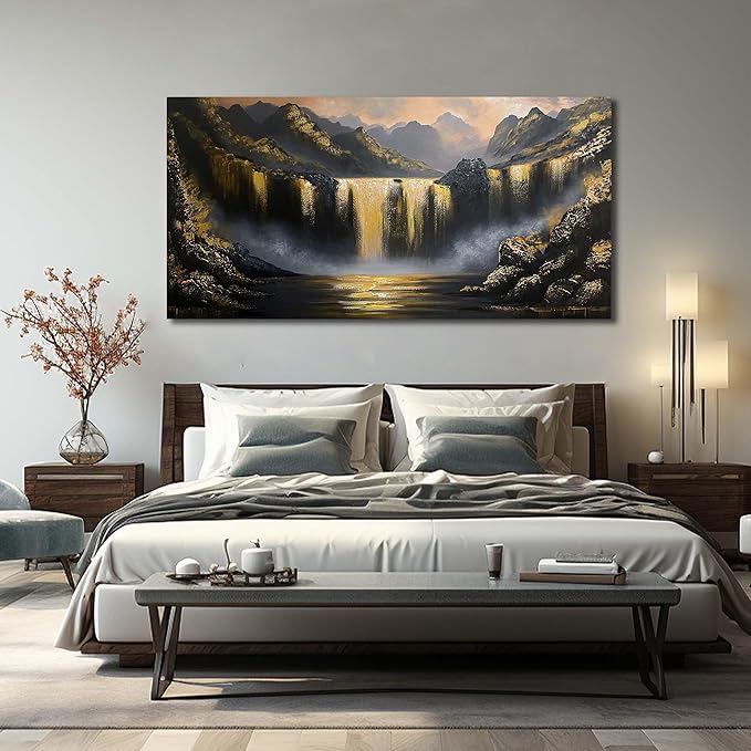 Waterfall Hand Painted Oil Painting On Canvas For Living Room - Black White and Gold Wall Decor For Bedroom - Huge Canvas Wall Art For Office Size 36 x 72 Inch