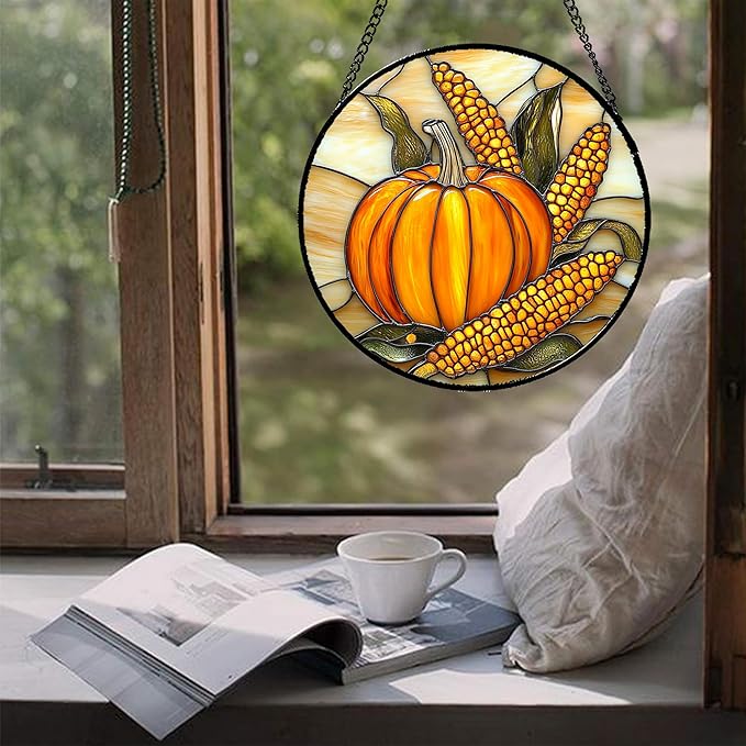Stained Glass Window Hanging Autumn Harvest Pumpkin Corn Large 11.8" - Suncatcher Door Garden Kitchen Sunroom Sun Catcher Fall Home Decor Birthday for Mom Grandma Men Woman