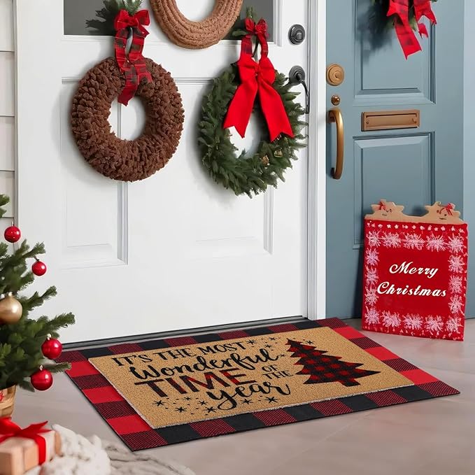 2 Pcs Christmas Tree Door Mat Welcome Non Slip Coir Mats Merry Xmas Black Red Buffalo Plaid Floor Layering Doormats Seasonal for Front Porch Entryway Decor(Christmas Tree)