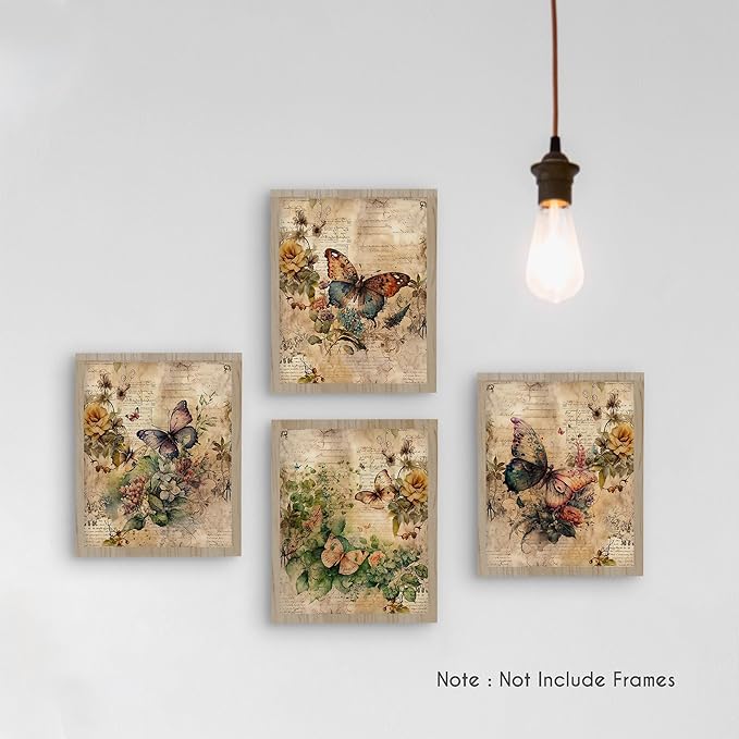 HRQKO Vintage Retro Butterfly Flower Wall Art Poster Prints Set of 4, Butterfly Floral Pictures Artwork Printing Posters Wall Decor, Blossom Botanical Prints for Bathroom Living Room 8”x10” Unframed