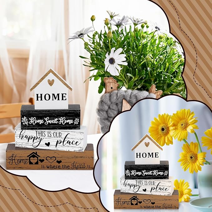 Geelin 4 Pcs Farmhouse Wooden Tabletop Decor Sweet Home Tiered Tray Decor Rustic Home Wood Sign Neutral Decorations for Wood Block Sign Coffee Shelf Desk Centerpiece Decoration