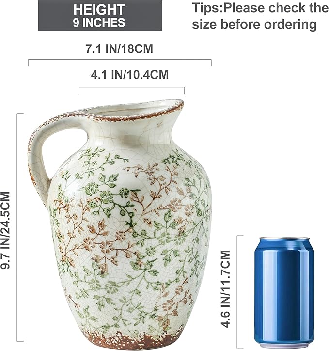 Enra Vintage vase,Ceramic Chinoiserie Floral Vase,Green and Beige Decorative Flower vase,Large Rustic Vases for Home Decors, Living Room, Bookshelf, Office，9.7 inch