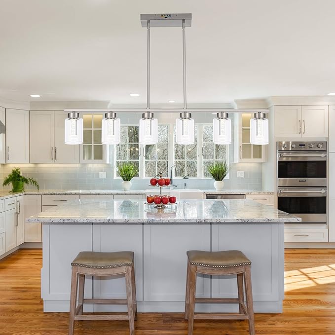 6-Lights 5CCT LED Pendant Light Fixtures LED Integrated Bulbs Included, Modern Dining Room Linear Chandelier with Bubble Crystal LED & Clear Glass Shade, Brushed Nickel Kitchen Island Light