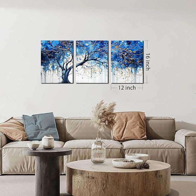 CIRABKY Blue Tree Pictures Wall Decor for Living Room - Blue and White Wall Art for Bedroom - Modern Wall Decor for Office Size 12" x 16" x 3 Pieces