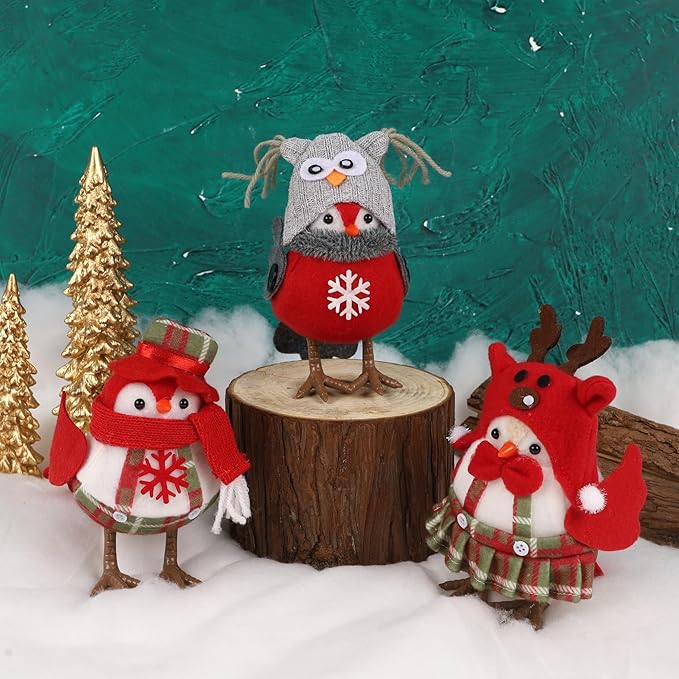 3 Pack Christmas Table Decorations - Small Bird Figurines, Red Cute Xmas Ornaments for Table Top, Desktop, Mantel, Kitchen Decor, Holiday, Winter Party Gifts