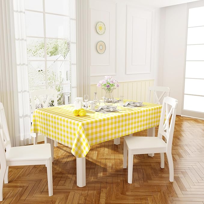 misaya Rectangle Waterproof Vinyl Table Cloth, Buffalo Flannel Backed Tablecloth, Wipeable Plastic Table Cover for Dinner, Kitchen, Outdoor (54" x 120", Yellow and White)
