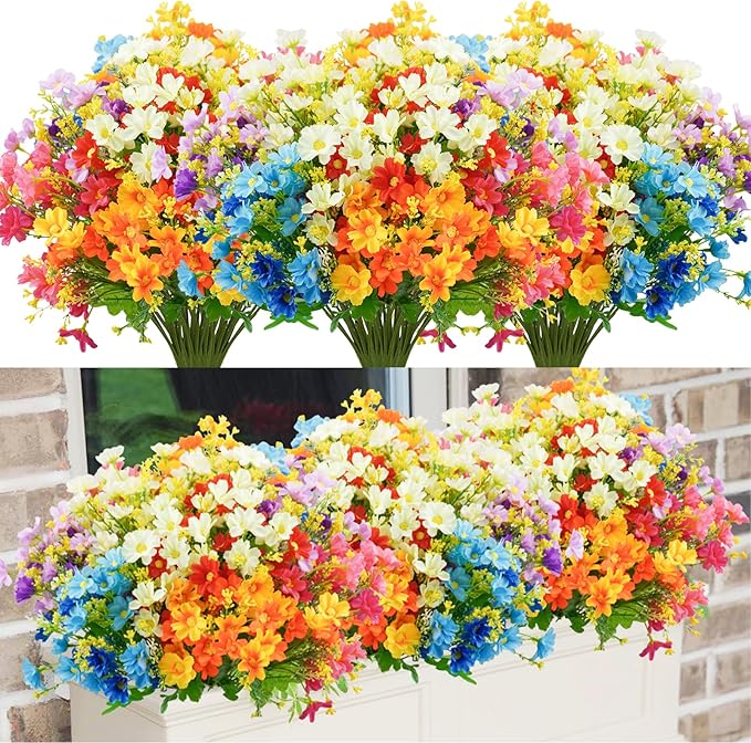 Uieke 12PCS Artificial Fake Flowers, Daisy Mums Fall Flowers Outdoor UV Resistant No Fade Greenery Shrubs Plants Indoor Outside Hanging Planter Home Wedding Office Garden Porch Décor (Assorted)