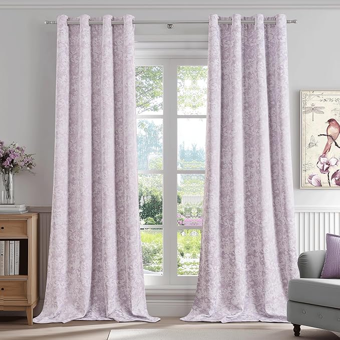 Beauoop Purple Floral Jacquard Blackout Curtains 63 Inches Long 2 Panels for Bedroom Living Room Chenille Flower Room Darkening Thermal Insulated Soundproof Grommet Window Treatments Drapes, 52x63