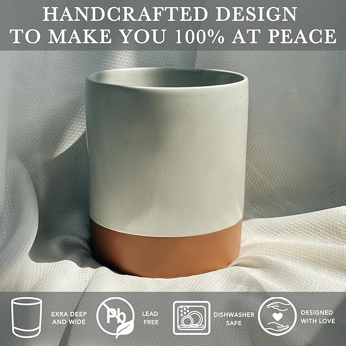 Mora Ceramic Kitchen Utensil Holder - Wooden Spoon & Spatula Crock for Countertop, Modern Farmhouse Home Decor, Extra Large 7.3" Cooking Organizer for Stove Top and Counter - Heavy & Sturdy - Grey