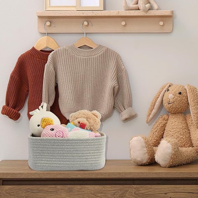 Small Woven Storage Baskets 12“X8”X5“ Decorative Rope Bins for Organizing Shelves, Closets, and Toys, Empty Gift Baskets, Cute Organizer Basket for Home and Office (grey, regular)