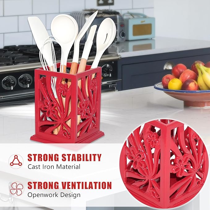 Kitchen Utensil Holder for Countertop Vintage Cast Iron Metal Utensil Storage Spatula Holder for Kitchen Counter with Hollowed-out Daffodil Pattern, Red