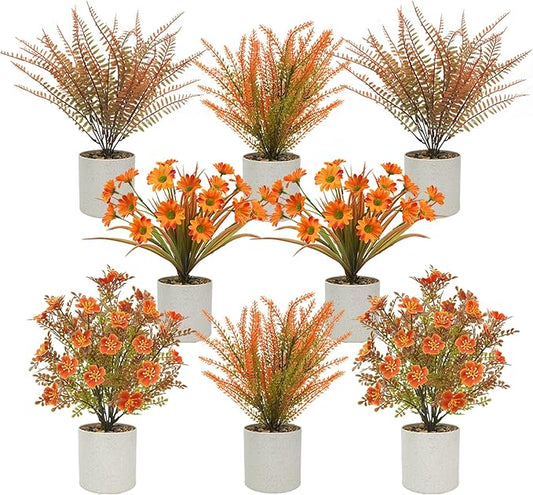 Uieke 8PCS Artificial Potted Flowers Autumn Mini Small Fake Potted Plants Fall Flowers Decorations for Fall Table Centerpieces Home Harvest Farmhouse Tabletop Thanksgiving Decor