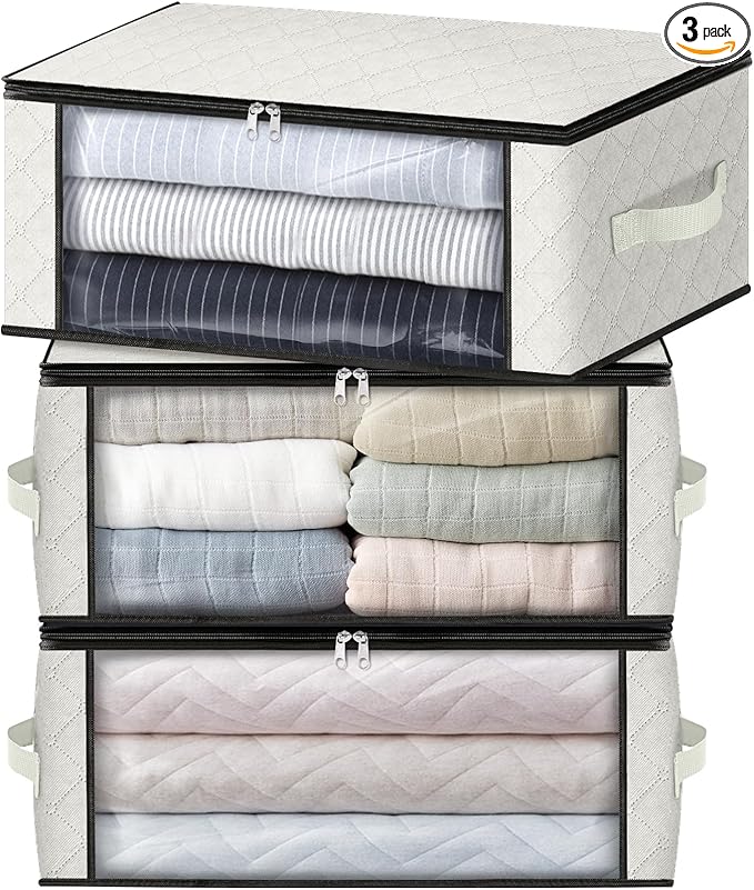 HomeHacks Storage 3-Pack Clothes Organizer Storage Bags Foldable Storage Box with Large Clear Window Sturdy Handles for Closet, Dorm, Pillows, Bedding, Clothes, Blankets, 35L, Ivory