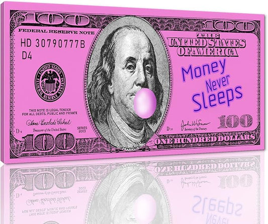 Large Size 1 Big Panel Motivational Money Art Print Dollars Canvas Office Wall Decor Funny Franklin 100 Dollar Money Wall Money Never Sleeps Artwork Pink Money Pop Art Framed Easy to Hang-48 inch x 24 inch