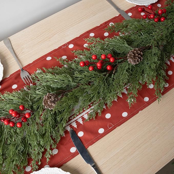 6FT Christmas Garland with Pinecones Red Berries, Artificial Faux Pine Garland, Soft Bendable Cedar Garland for Table Mantel Wall Stairs Railing Indoor, Outdoor Xmas Decorations, Winter Holiday Decor