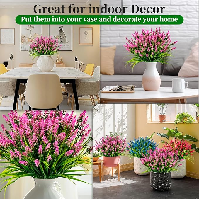 Artificial Flowers for Outdoor Plants 24 Bundles Fake Lavender Plastic Faux Monkey Grass for Verandah Window Garden Office Patio Front Porch UV Resistant for Planter(Pink)