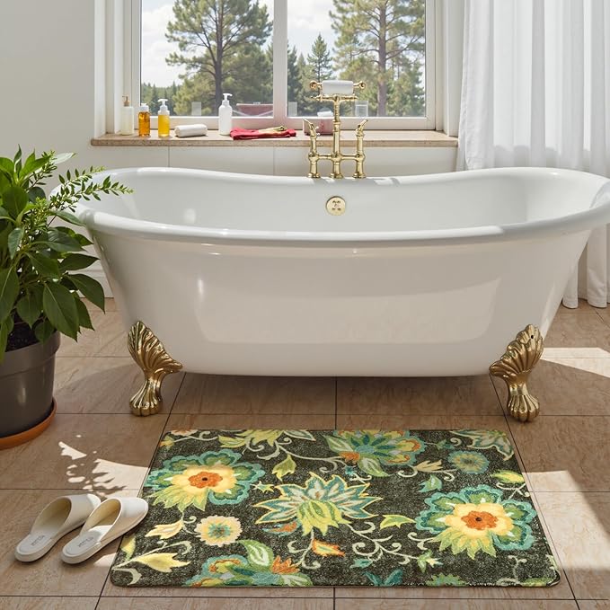 Lahome Collection Modern Floral Washable Area Rug - 2'x3' Green Small Entry Rug Accent Distressed Non-Slip Throw Floor Carpet for Door Mat Entryway Bedroom Living Laundry Room Kitchen